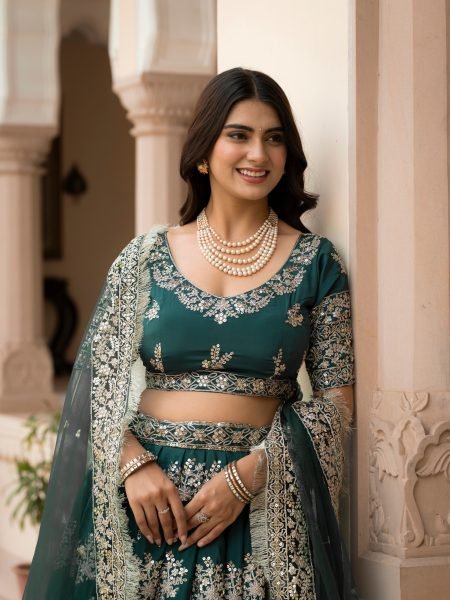Trendy Green French Crepe Zari Sequence Embroidered Lehenga Choli for Wedding Functions Designer Lehenga Choli