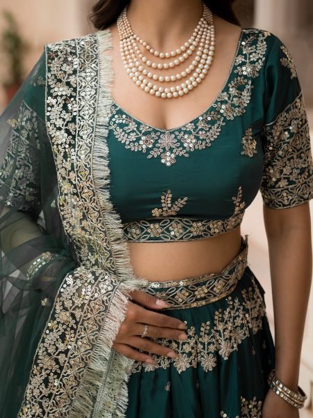 Trendy Green French Crepe Zari Sequence Embroidered Lehenga Choli for Wedding Functions Designer Lehenga Choli