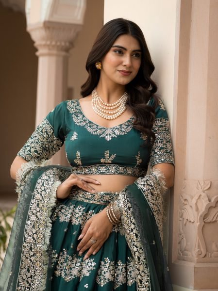 Trendy Green French Crepe Zari Sequence Embroidered Lehenga Choli for Wedding Functions Designer Lehenga Choli