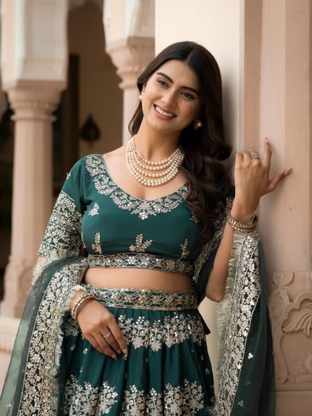 Trendy Green French Crepe Zari Sequence Embroidered Lehenga Choli for Wedding Functions Designer Lehenga Choli
