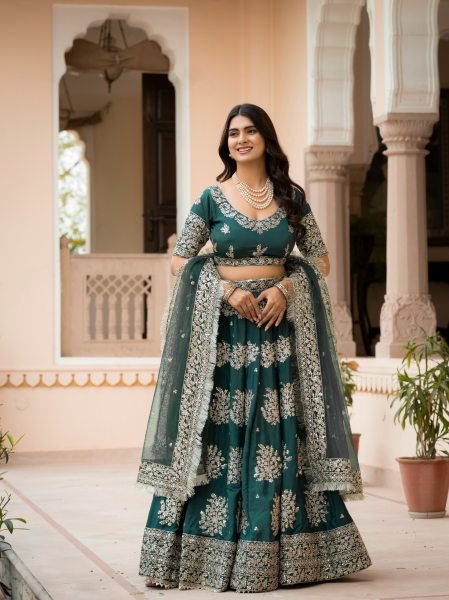 Trendy Green French Crepe Zari Sequence Embroidered Lehenga Choli for Wedding Functions Designer Lehenga Choli