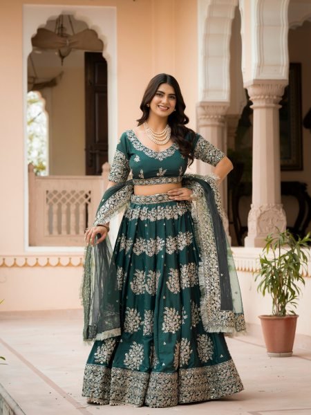 Trendy Green French Crepe Zari Sequence Embroidered Lehenga Choli for Wedding Functions Designer Lehenga Choli