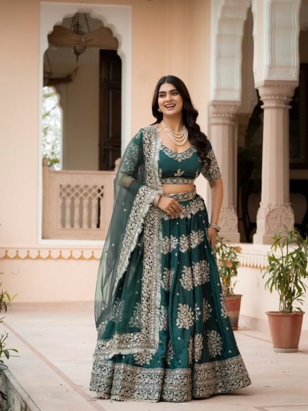 Trendy Green French Crepe Zari Sequence Embroidered Lehenga Choli for Wedding Functions Designer Lehenga Choli