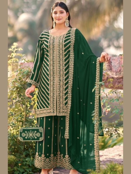Trendy Green Heavy Georgette Suit Set with Sequins Work and Dupatta For Weeding Salwar Kameez