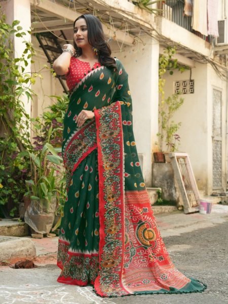 Trendy Green Red Mul Mul Cotton Ikkat Print Saree with Pom Pom Border For Festival  Sarees 
