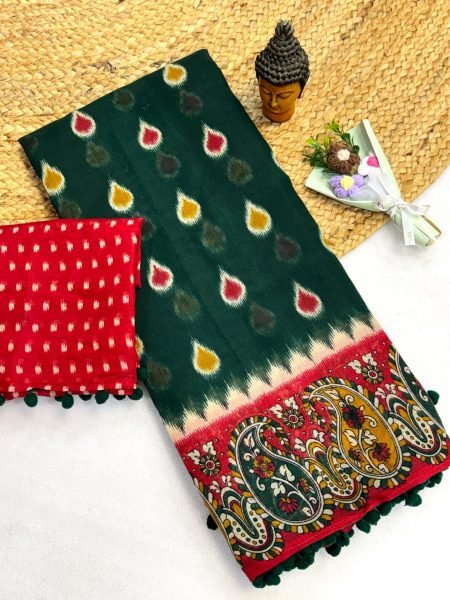 Trendy Green Red Mul Mul Cotton Ikkat Print Saree with Pom Pom Border For Festival  Printed Cotton Sarees Wholesale