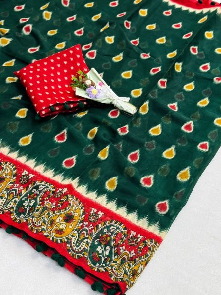 Trendy Green Red Mul Mul Cotton Ikkat Print Saree with Pom Pom Border For Festival  Printed Cotton Sarees Wholesale