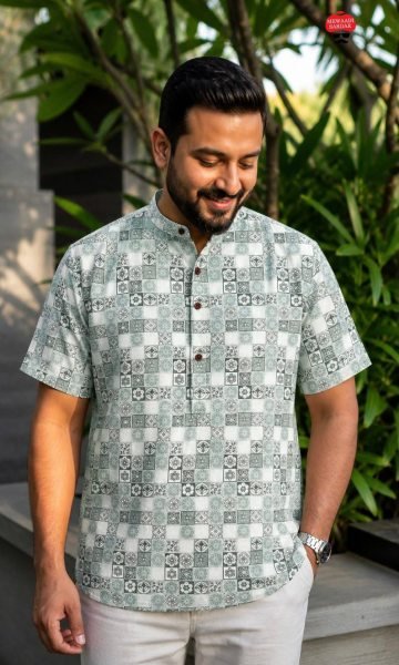 Trendy Grey Designer Cotton Print Short Kurta for Casual and Traditional Wear Mens Shirt