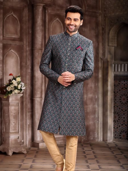 Trendy Drak Green Jacquard Digital Print Sherwani for Wedding   Festivals Mens Wear