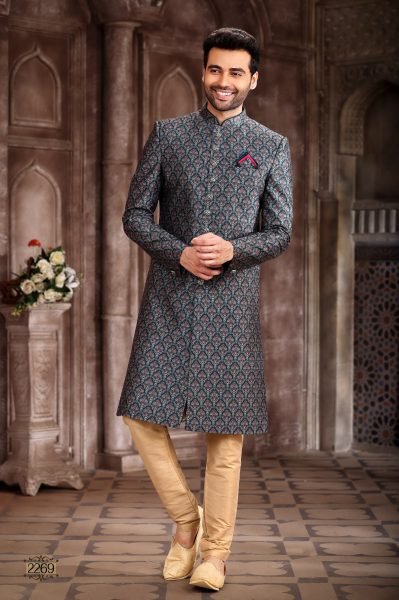 Trendy Drak Green Jacquard Digital Print Sherwani for Wedding   Festivals Kurta Pajama Wholesale