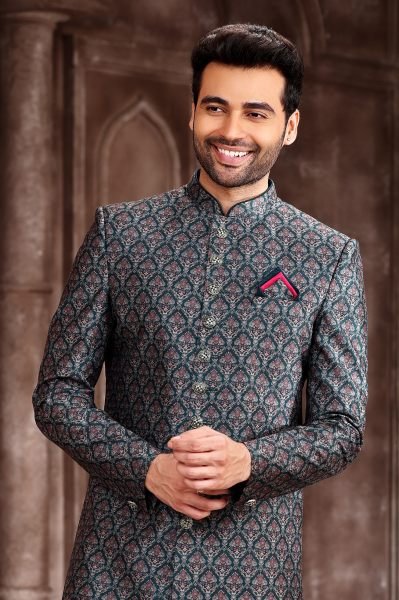 Trendy Drak Green Jacquard Digital Print Sherwani for Wedding   Festivals Kurta Pajama Wholesale