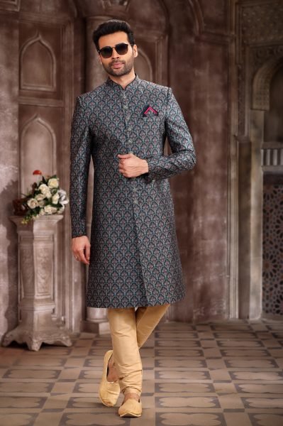 Trendy Drak Green Jacquard Digital Print Sherwani for Wedding   Festivals Kurta Pajama Wholesale
