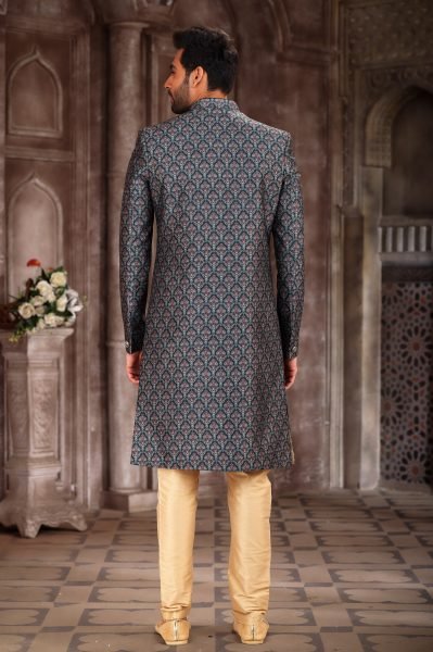 Trendy Drak Green Jacquard Digital Print Sherwani for Wedding   Festivals Kurta Pajama Wholesale