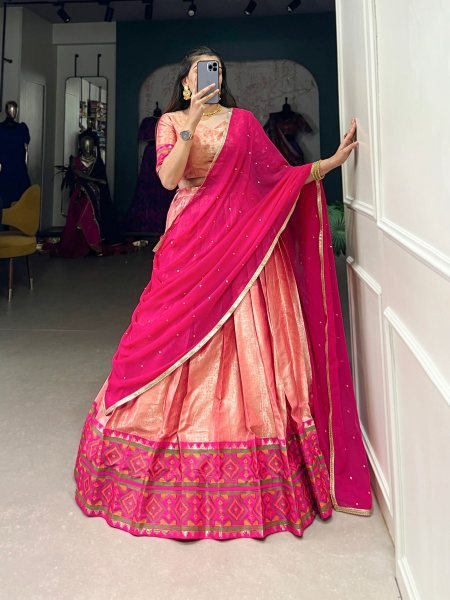 Trendy Jacquard Silk Stitched Kanjivaram Weaving Saree Lehenga Choli Set 