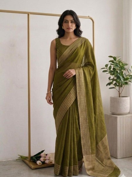 Trendy Mahendi Green Elegant Silk Saree with Rich Pallu and Zari Butti Blouse Sarees 