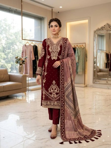 Trendy Maroon Georgette Cording Top Pant Set with Organza Dupatta At Direct Exporter Price 