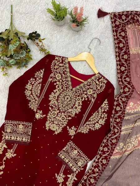 Trendy Maroon Georgette Cording Top Pant Set with Organza Dupatta At Direct Exporter Price Ready To Wear Collection