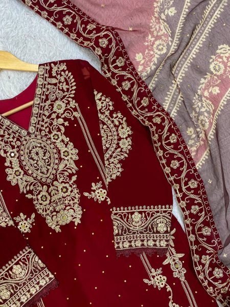 Trendy Maroon Georgette Cording Top Pant Set with Organza Dupatta At Direct Exporter Price Ready To Wear Collection