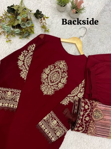 Trendy Maroon Georgette Cording Top Pant Set with Organza Dupatta At Direct Exporter Price Ready To Wear Collection