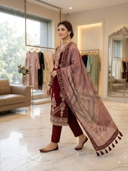 Trendy Maroon Georgette Cording Top Pant Set with Organza Dupatta At Direct Exporter Price Ready To Wear Collection