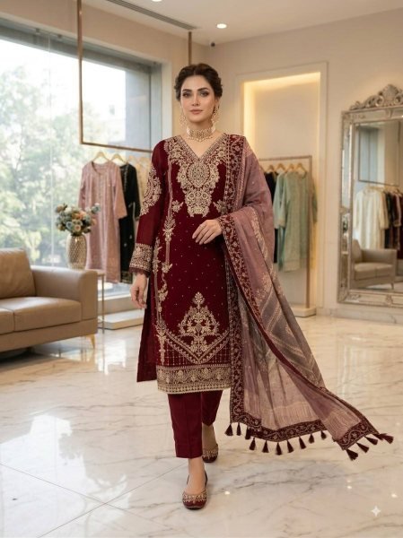 Trendy Maroon Georgette Cording Top Pant Set with Organza Dupatta At Direct Exporter Price Ready To Wear Collection