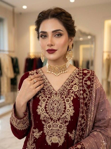 Trendy Maroon Georgette Cording Top Pant Set with Organza Dupatta At Direct Exporter Price Ready To Wear Collection