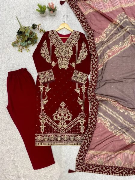 Trendy Maroon Georgette Cording Top Pant Set with Organza Dupatta At Direct Exporter Price Ready To Wear Collection