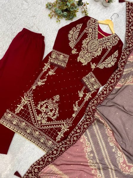Trendy Maroon Georgette Cording Top Pant Set with Organza Dupatta At Direct Exporter Price Ready To Wear Collection