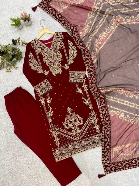Trendy Maroon Georgette Cording Top Pant Set with Organza Dupatta At Direct Exporter Price Ready To Wear Collection