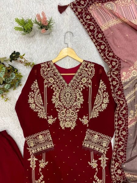 Trendy Maroon Georgette Cording Top Pant Set with Organza Dupatta At Direct Exporter Price Ready To Wear Collection