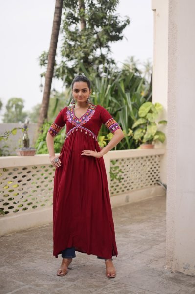 Trendy Maroon Kutchi Gamthi Work Kurti in 14kg Rayon Perfect for Garba Navratri Collection