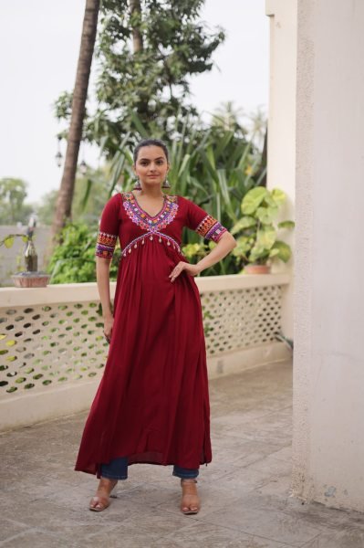 Trendy Maroon Kutchi Gamthi Work Kurti in 14kg Rayon Perfect for Garba Navratri Collection