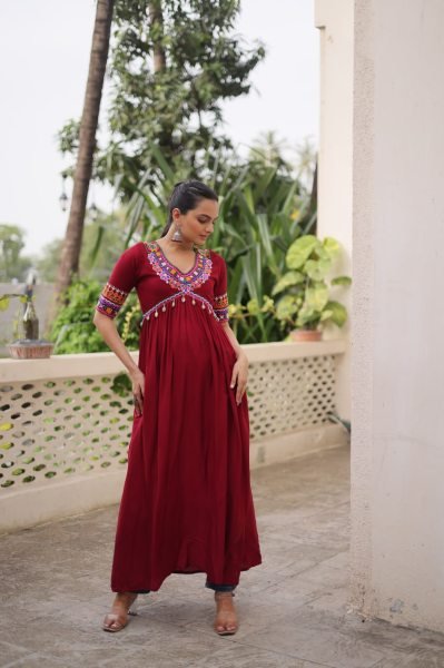 Trendy Maroon Kutchi Gamthi Work Kurti in 14kg Rayon Perfect for Garba Navratri Collection