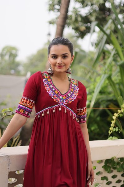 Trendy Maroon Kutchi Gamthi Work Kurti in 14kg Rayon Perfect for Garba Navratri Collection