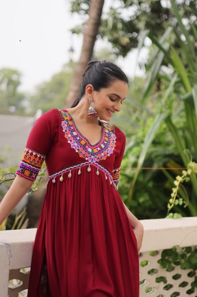 Trendy Maroon Kutchi Gamthi Work Kurti in 14kg Rayon Perfect for Garba Navratri Collection