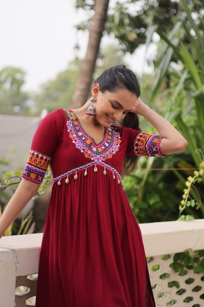 Trendy Maroon Kutchi Gamthi Work Kurti in 14kg Rayon Perfect for Garba Navratri Collection