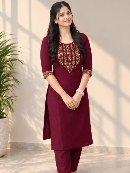 Trendy Maroon Slub Cotton Embroidery Work Kurti Bottom Set for Festival Kurtis