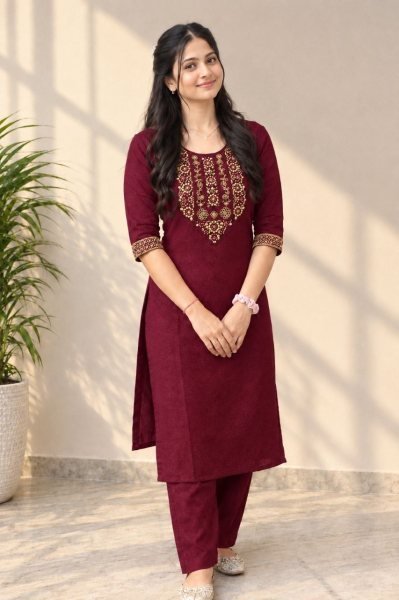 Trendy Maroon Slub Cotton Embroidery Work Kurti Bottom Set for Festival Cotton Kurtis Wholesale