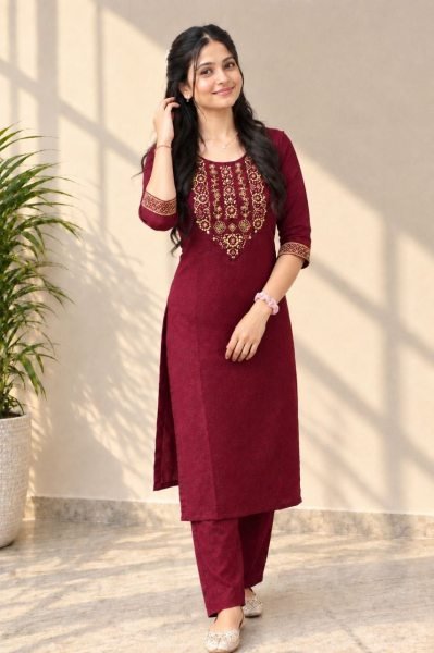 Trendy Maroon Slub Cotton Embroidery Work Kurti Bottom Set for Festival Cotton Kurtis Wholesale