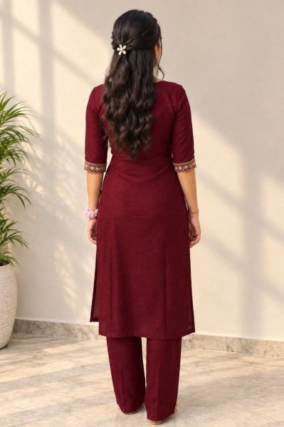 Trendy Maroon Slub Cotton Embroidery Work Kurti Bottom Set for Festival Cotton Kurtis Wholesale