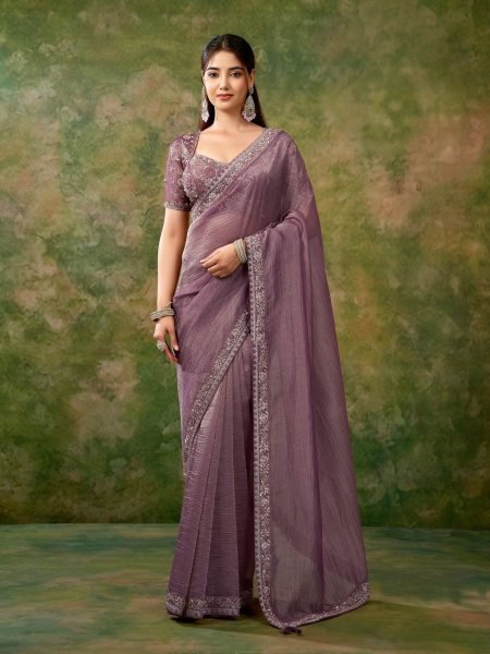 Trendy Mauve Designer Tissue Organza Saree with Readymade Fancy Work Blouse