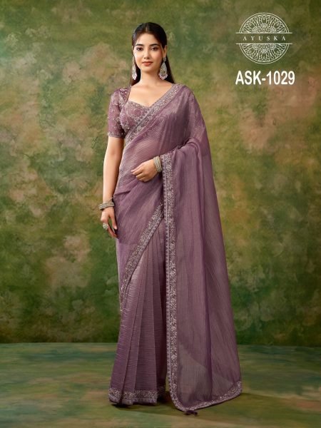 Trendy Mauve Designer Tissue Organza Saree with Readymade Fancy Work Blouse Organza Sarees Wholesale