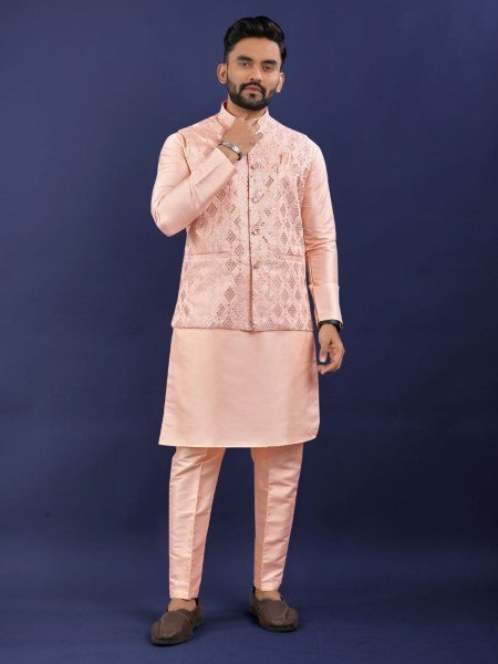 Trendy Mens Kurta Pajama with Jacket Traditional Silk Wear Kurta Pajama Wholesale