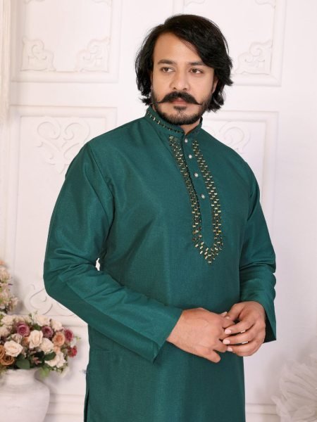 Trendy Green Mens Straight Kurta and Pajama Set 100  Cotton Comfort Wear for Daily   Party Look Kurta Pajama Wholesale