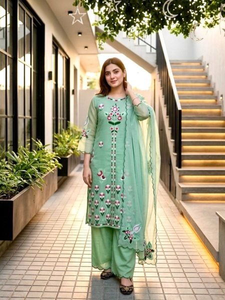 Trendy Mint Green Kurta Palazzo Set With Embroidery Work And Organza Dupatta  Ready To Wear Suit