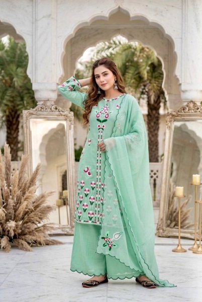Trendy Mint Green Kurta Palazzo Set With Embroidery Work And Organza Dupatta  Ready To Wear Collection