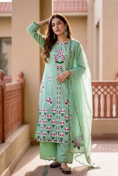 Trendy Mint Green Kurta Palazzo Set With Embroidery Work And Organza Dupatta  Ready To Wear Collection