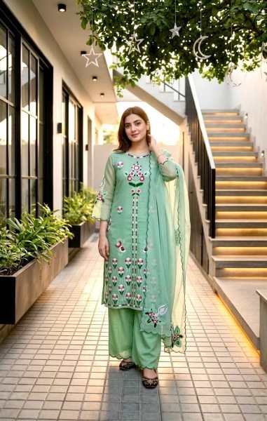 Trendy Mint Green Kurta Palazzo Set With Embroidery Work And Organza Dupatta  Ready To Wear Collection