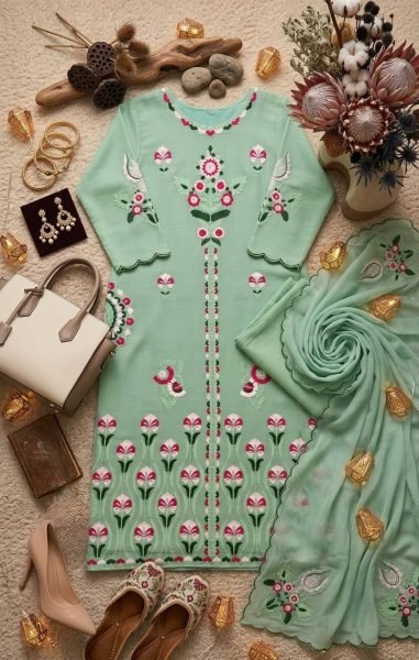 Trendy Mint Green Kurta Palazzo Set With Embroidery Work And Organza Dupatta  Ready To Wear Collection