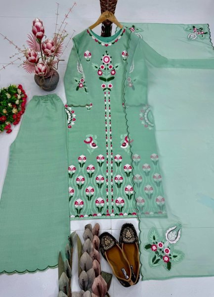 Trendy Mint Green Kurta Palazzo Set With Embroidery Work And Organza Dupatta  Ready To Wear Collection